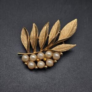 Gold Tone Leaves Faux Pearl Berries Brooch Signed Alan J Vintage